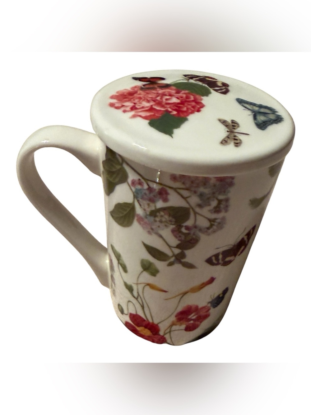 ~ NEW~ Floral Butterfly Porcelain Tea Mug with Lid - White